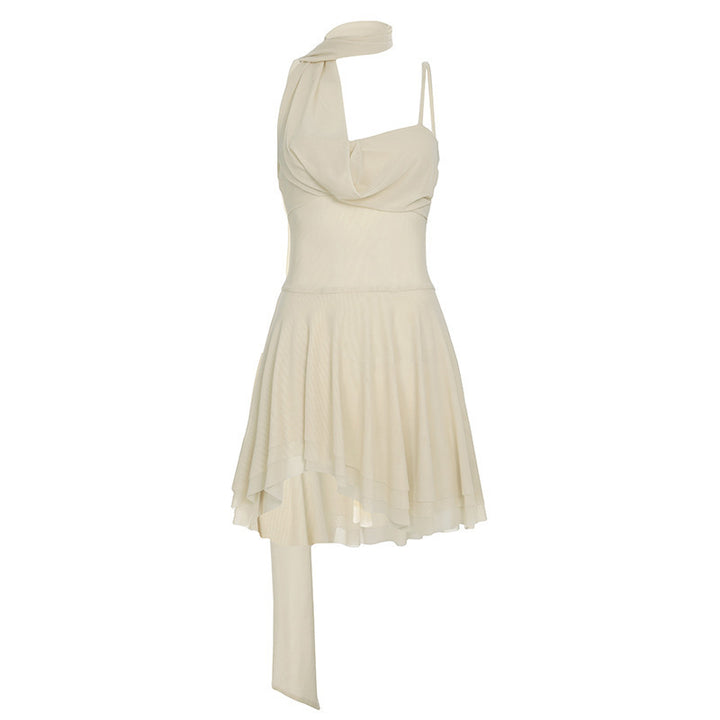 Damen elegantes asymmetrisches Mini-Kleid mit dekorativem Schulterband und fließendem Saum Drune
