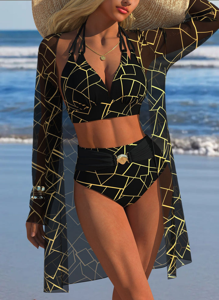 Damen Bikini-Set mit kreativem geometrischen Design und hohem Bund Drune