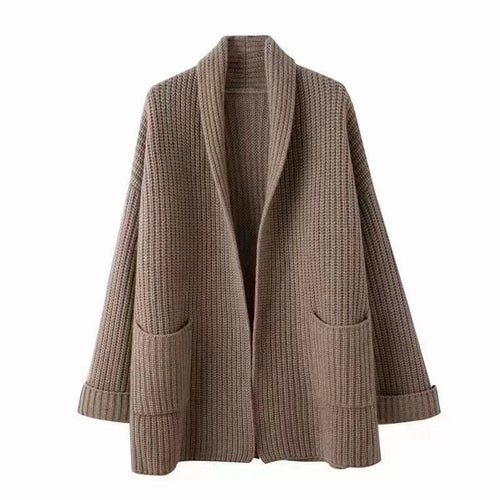 Damen Grobstrick Cardigan mit eleganten Revers und Taillengürtel Drune