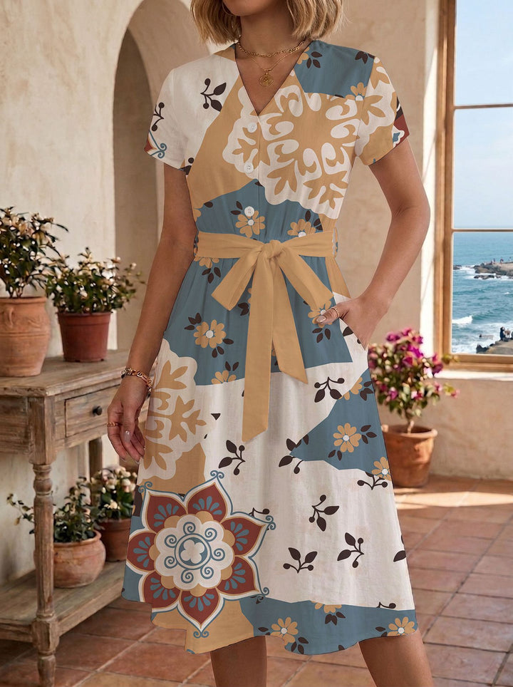 Damen Sommerliches Kleid mit taillierbarem Bindegürtel und floralem Muster Drune