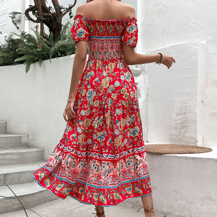 Damen Off-Shoulder Maxikleid mit floralen Mustern und elastischem Taillenzug Drune