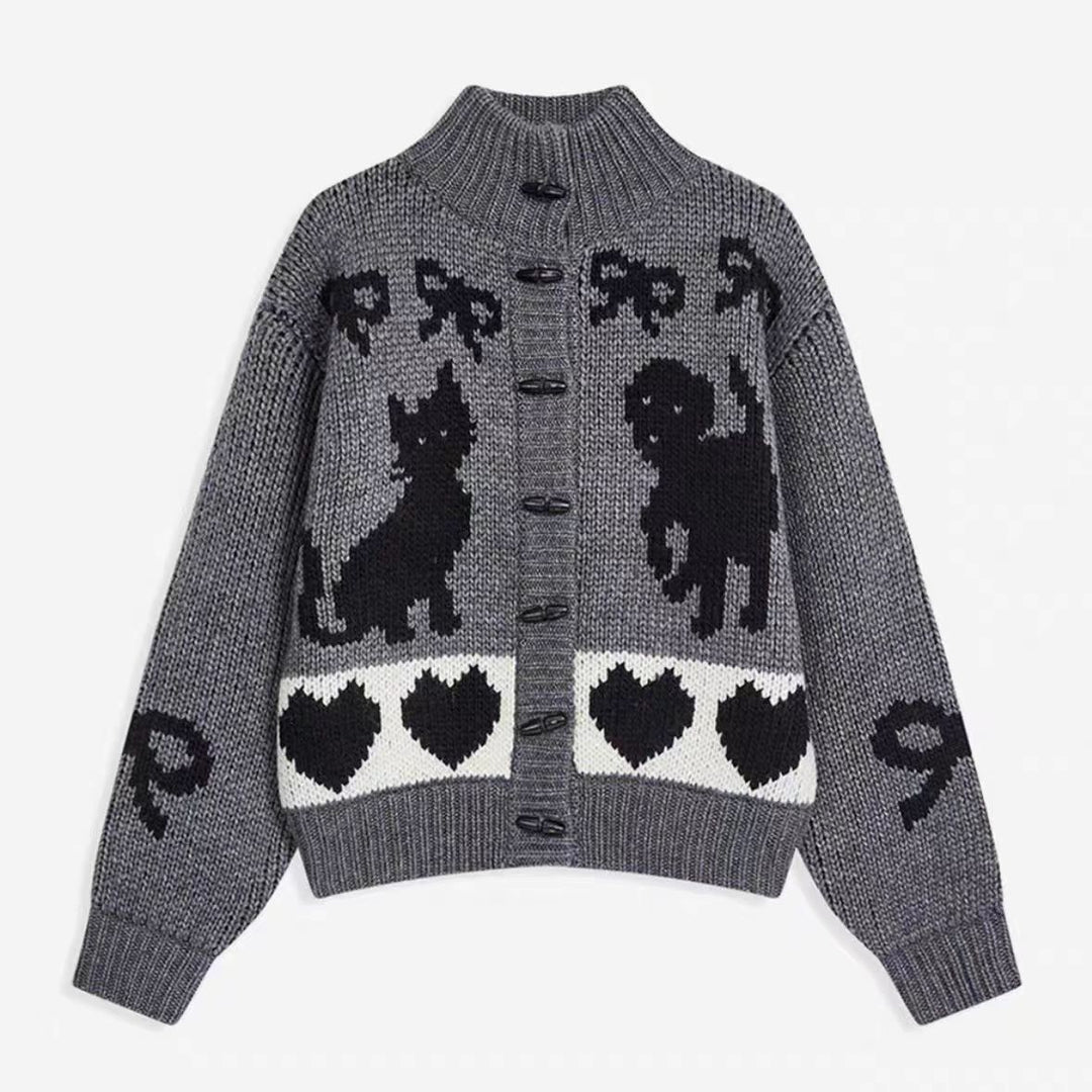 Damen Strickjacke mit trendigem Tiermotifs und hoher Kragen Drune