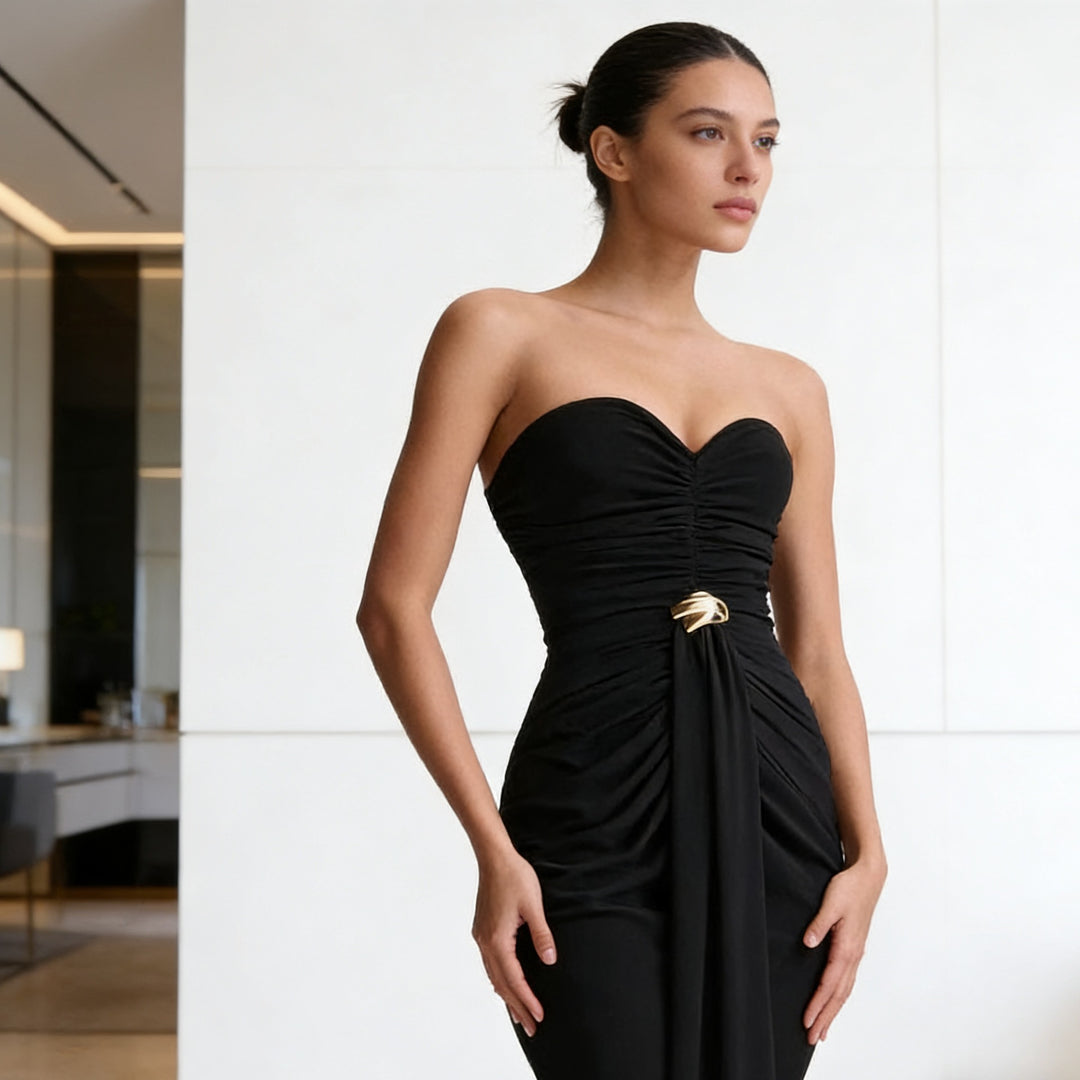 Damen Elegantes Drapeekleid mit schulterfreiem Design und kunstvollem Bund Drune