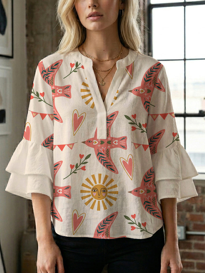 Damen Bluse mit Rüschendetails und auffälligem Animal-Print Drune