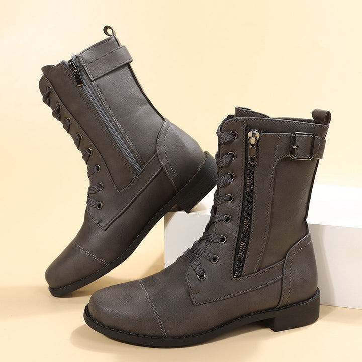 Damen nan knöchelhohe Schnür‑Combat‑Stiefelette mit seitlichem Doppelreißverschluss und verstellbarem Schnallenriemen Drune