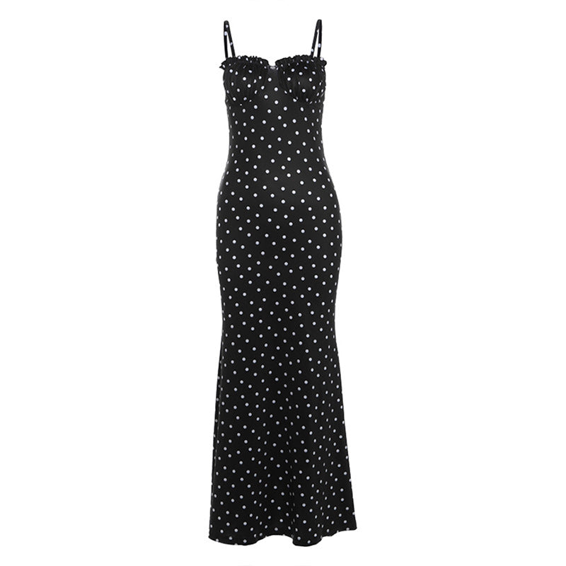 Damen Figurformendes Maxikleid mit elastischen Trägern und raffiniertem Punkte-Design Drune