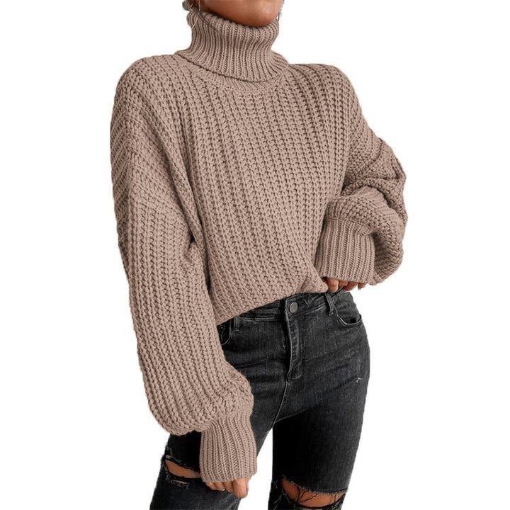 Damen Grob gestrickter Pullover mit hohem Kragen und weit ausgestellten Ärmeln Drune