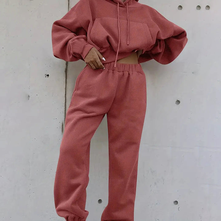 Damen nan kuscheliges kurzes Kapuzenpullover- und hochgeschnittene Jogginghose Set Drune