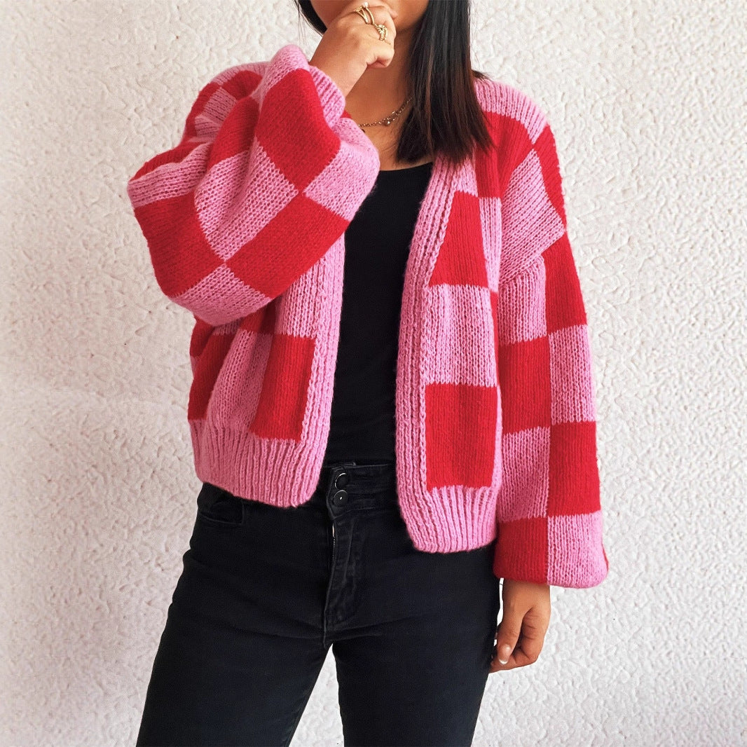 Damen lässige Strickjacke mit Karomuster und voluminösen Ärmeln Drune