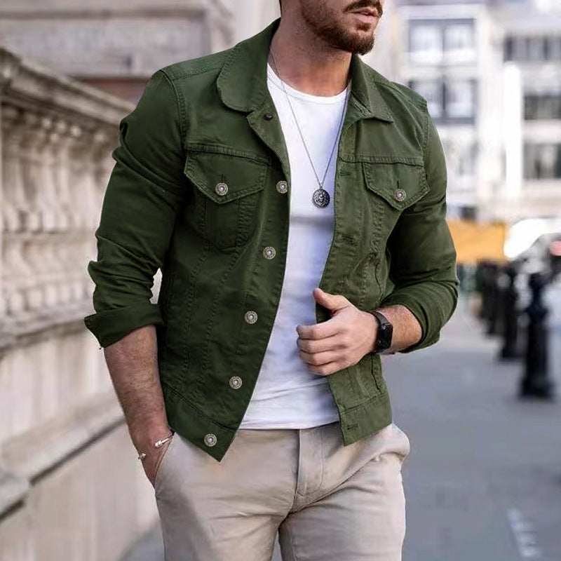 Herren nan taillierte Jeansjacke im Trucker-Stil mit Brusttaschen und Metallknöpfen Drune