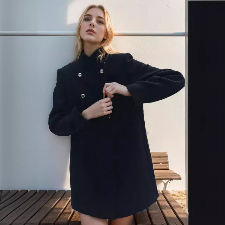Damen modischer kurzer Mantel mit doppelter Knopfreihe und eleganter Stehkragen Drune