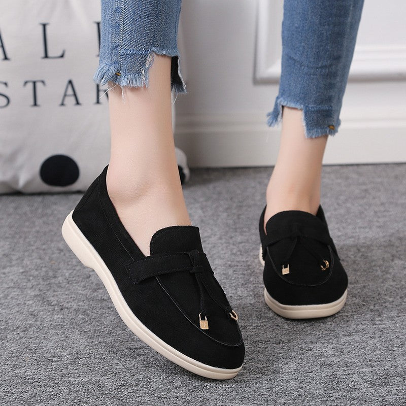 Damen lässige Veloursleder-Optik Slipper mit dekorativer Zierkordel, weichem Komfortfußbett und flexibler Leichtsohle Drune