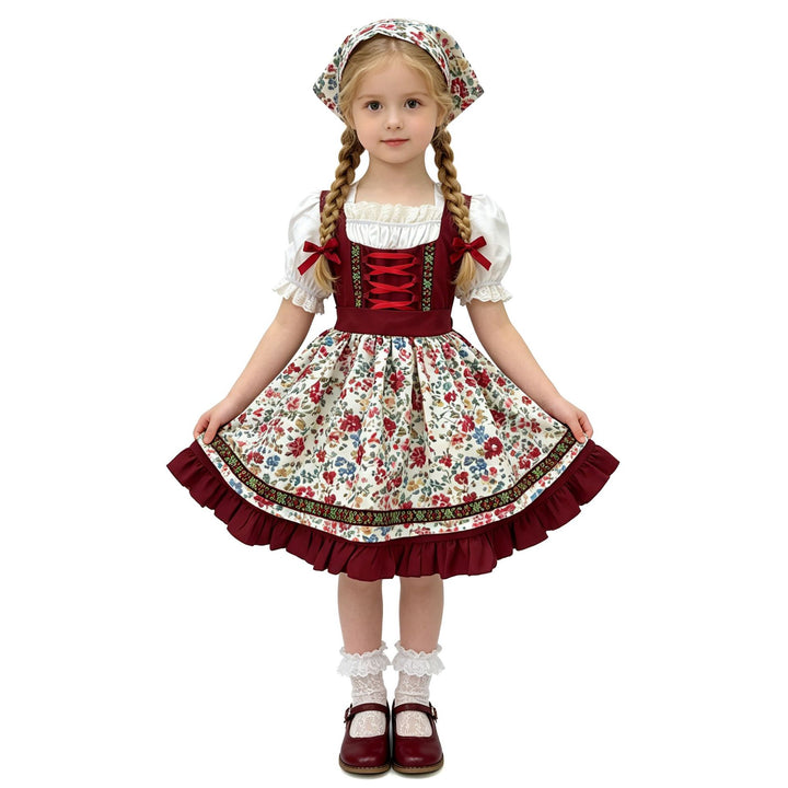 Damen nan traditionelles Kinderdirndl-Set mit bestickter Schürze, Rüschenbluse und Halstuch Drune