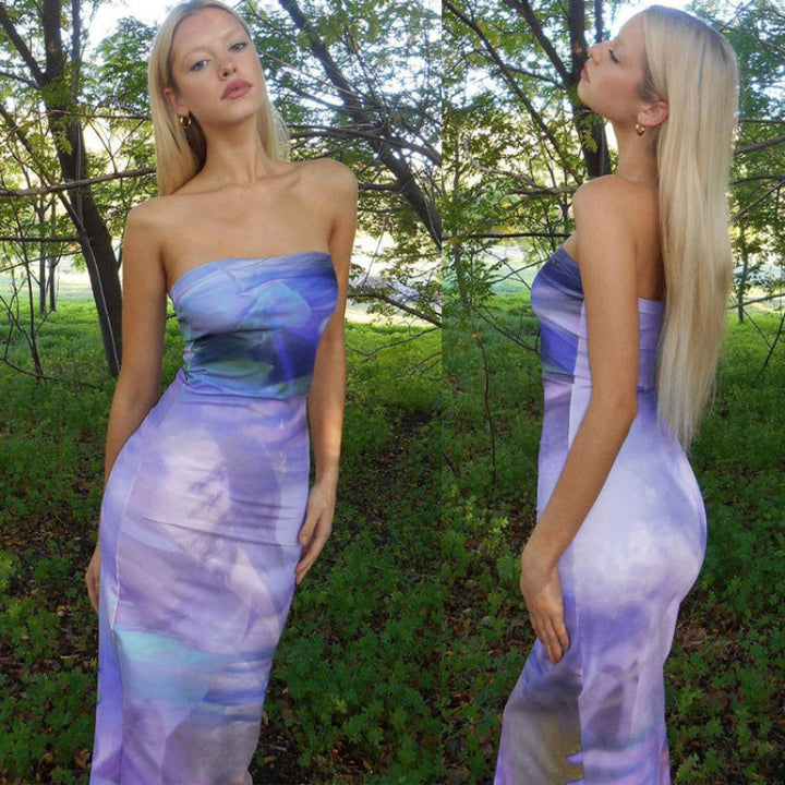Damen Maxi Kleid mit schulterfreiem Design und fließendem Stoff Drune