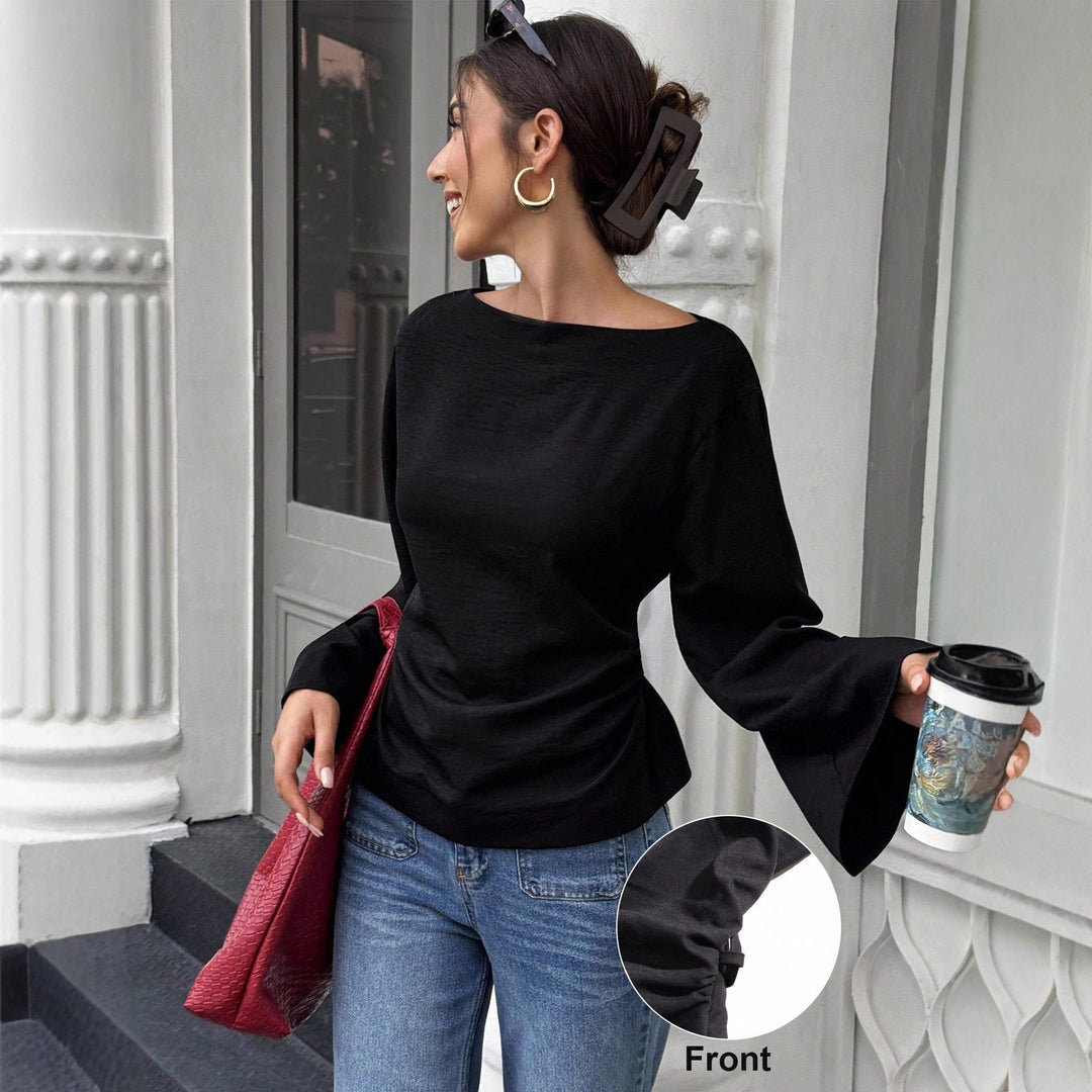 Damen elegantes Oberteil mit weitem Ärmel und schickem Bund Drune