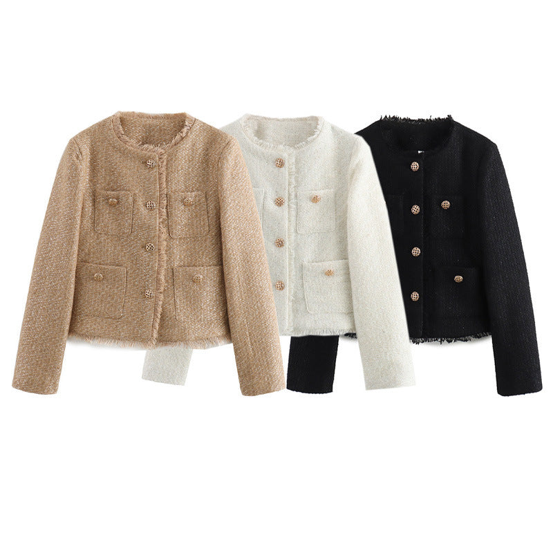 Damen elegante Tweedjacke mit Fransen und praktischen Taschen Drune