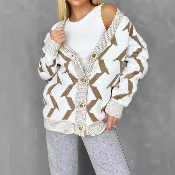 Damen lässige Strickjacke mit modernem Blitzenmuster Drune