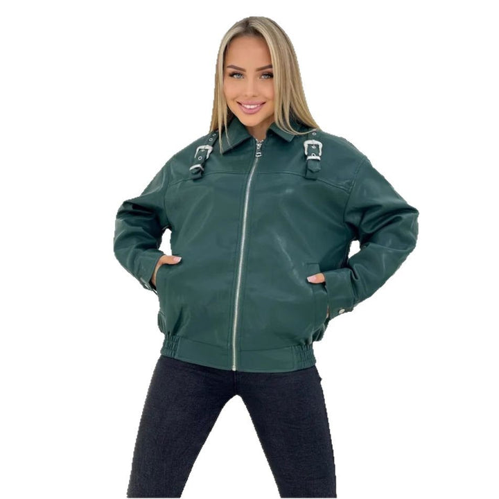 Damen modische Kunstlederjacke im lässigen Stil mit dekorativen Details Drune