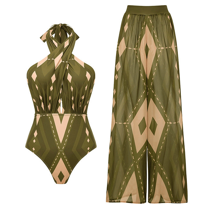 Damen Einteiler Badeanzug mit voluminösem Rüschendesign und passendem Stoffhose Drune