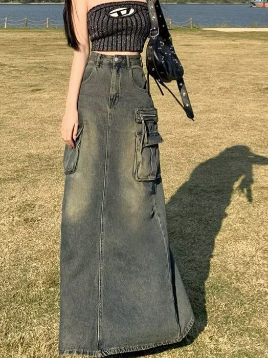 Damen Langer Denim-Rock mit hochgezoggtem Bund und praktischen Taschen Drune