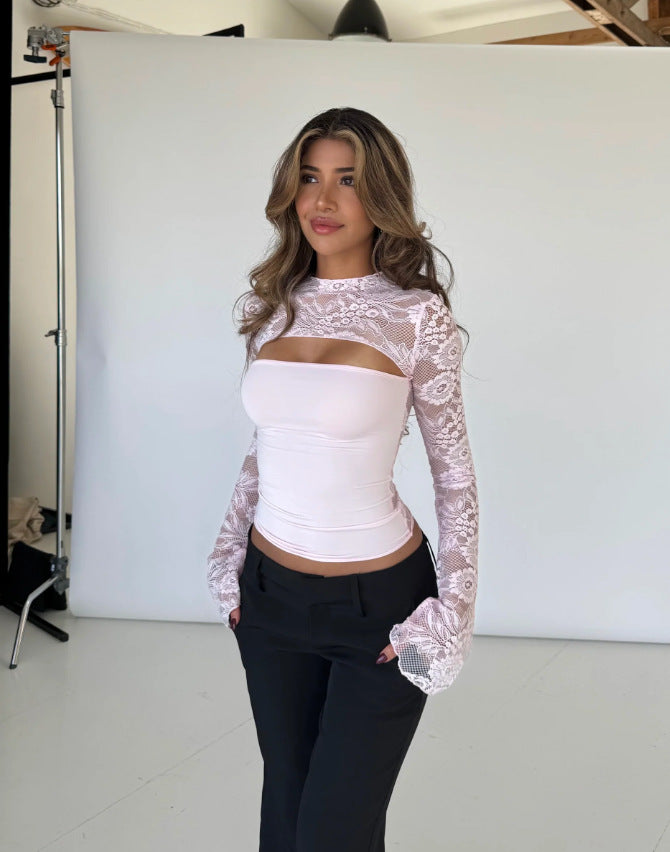 Damen Oberteil mit transparenten langen Ärmeln und raffiniertem Cut-Out Drune