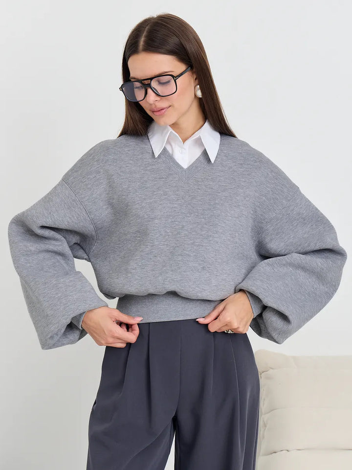 Damen Modischer Oversized-Sweater mit V-Ausschnitt und weiten Ärmeln Drune