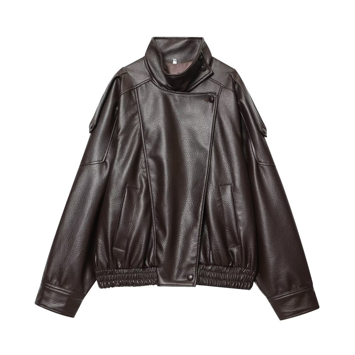 Damen nan Kunstleder-Bomberjacke mit hohem Stehkragen, asymmetrischer Druckknopfleiste und elastischem Saum Drune