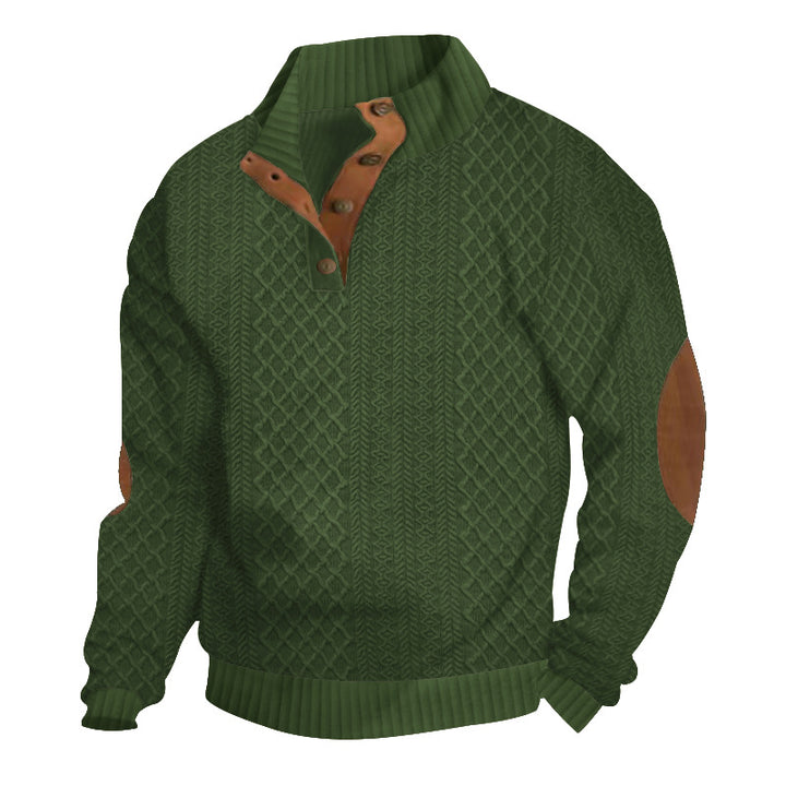 Herren nan Grobgestrickter Pullover mit Ellbogenpatches, Stehkragen und Knopfleiste Drune
