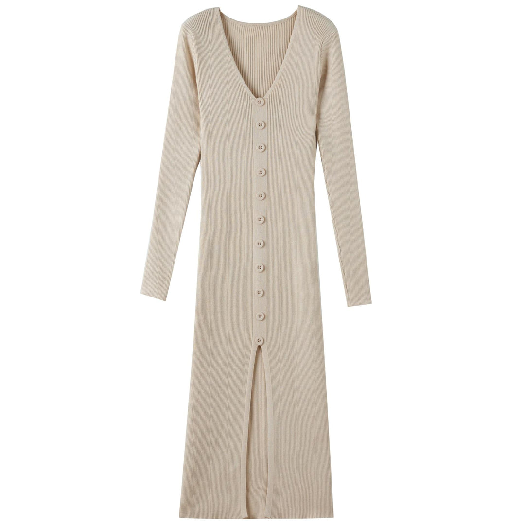Damen Strickkleid mit hohen Knopfdetails und tiefem V-Ausschnitt Drune