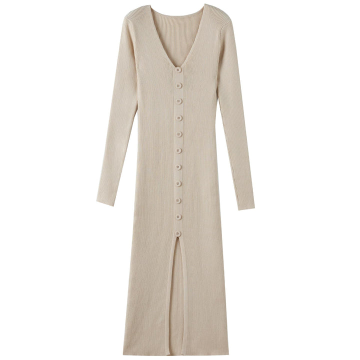 Damen Strickkleid mit hohen Knopfdetails und tiefem V-Ausschnitt Drune