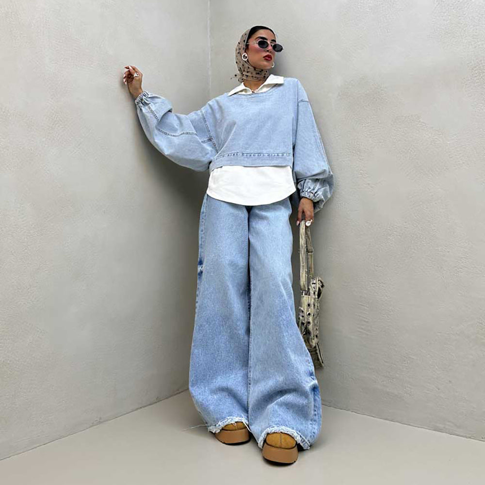 Damen Oversized Denim-Look Pullover mit voluminösen Ärmeln Drune