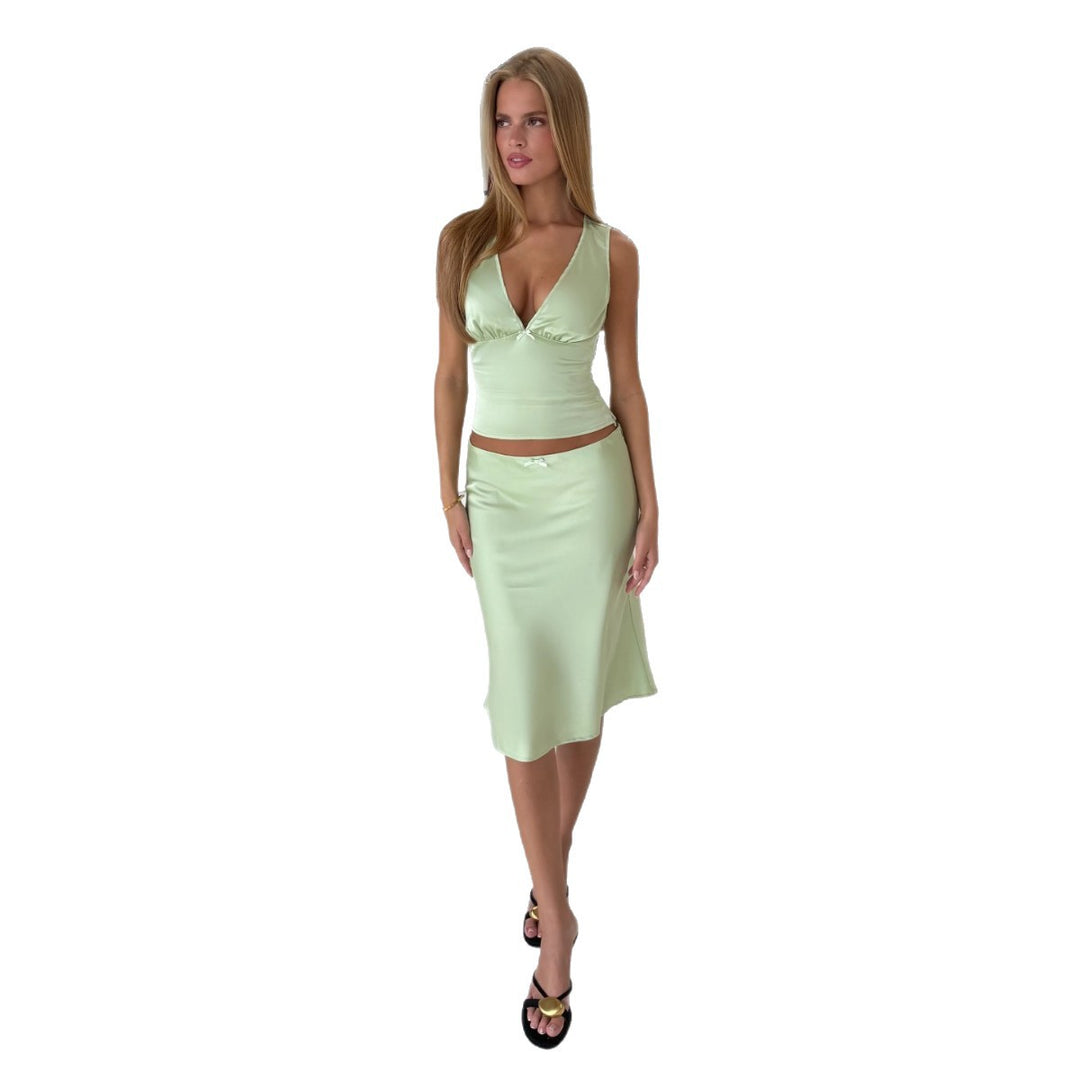 Damen elegantes Zweiteiler-Set mit V-Ausschnitt und fließendem Material Drune