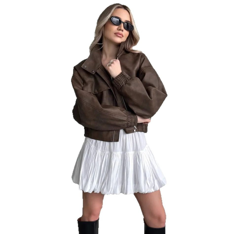 Damen Trendige oversized Lederjacke mit praktischen Taschen Drune