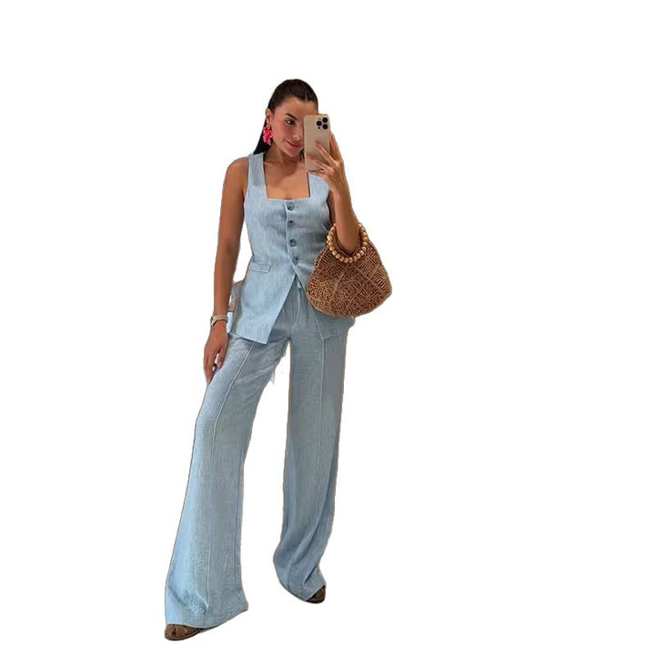 Damen Elegantes Hochzeitsanzug-Set mit figurbetontem Top und weitem Hosenstil Drune