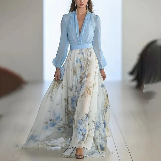 Damen nan fließendes Chiffon-Maxikleid mit tiefem V-Ausschnitt, tailliertem Bund und langem Glockenrock Drune