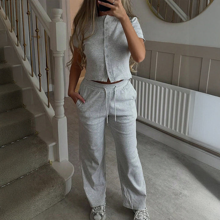 Damen Bequemes Zweiteiliges Set mit Kurzarmoberteil und lockerer Hose Drune