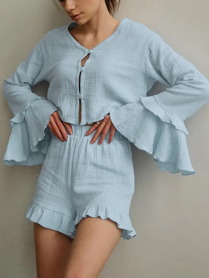 Damen Set aus luftiger Bluse und Shorts mit Volants Drune