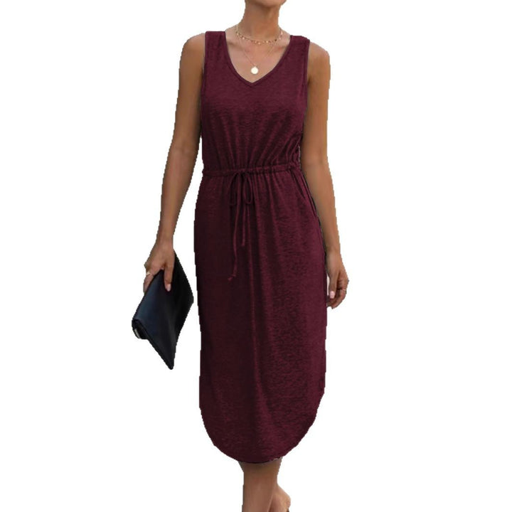 Damen lässiges Maxikleid mit V-Ausschnitt und elastischem Taillenbund Drune