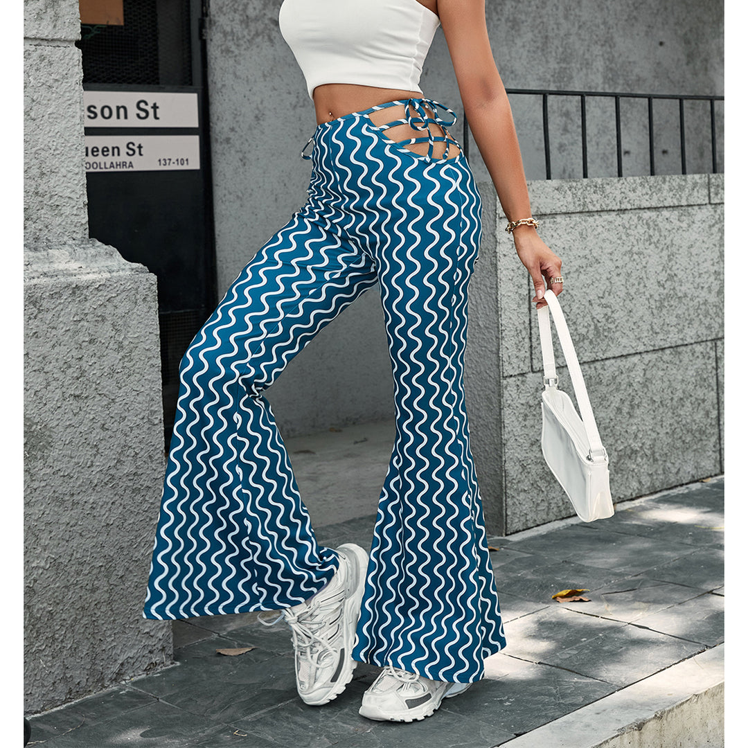 Damen High-Waist Schlaghose mit dekorativen Schnürdetails und Wellenmuster Drune