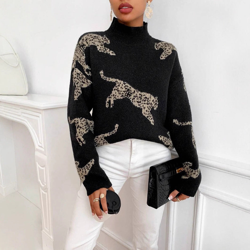 Damen Strickpullover mit kreativem Tiermotiv und hohem Kragen Drune
