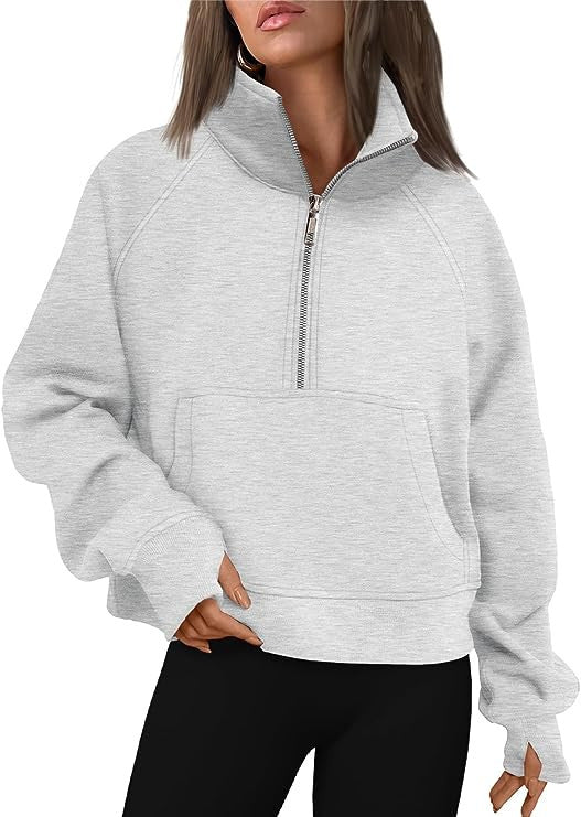 Damen nan cropped Halbzip-Sweatshirt mit hohem Stehkragen, Kängurutasche und überschnittener Schulter Drune