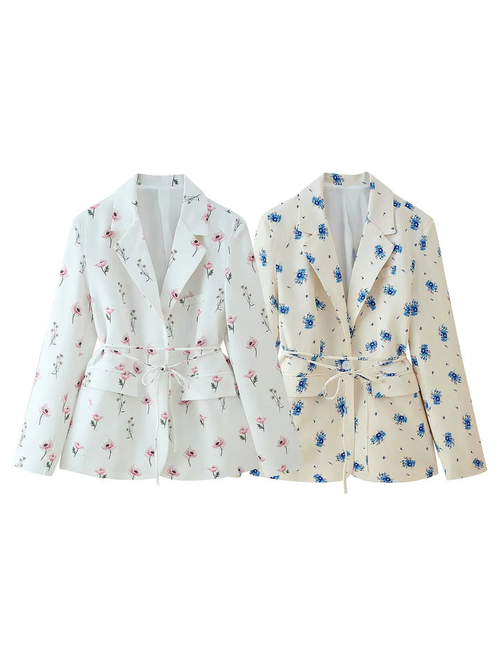 Damen taillierter Blazer mit floralem Muster und Bindegürtel Drune