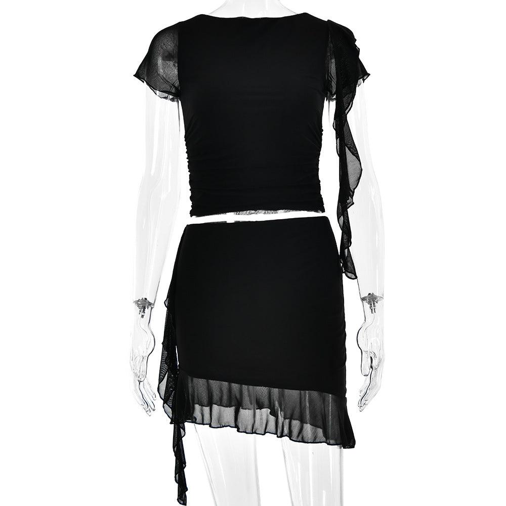 Damen Crop-Top und Minirock mit asymmetrischem Saum und Rüschendetails Drune