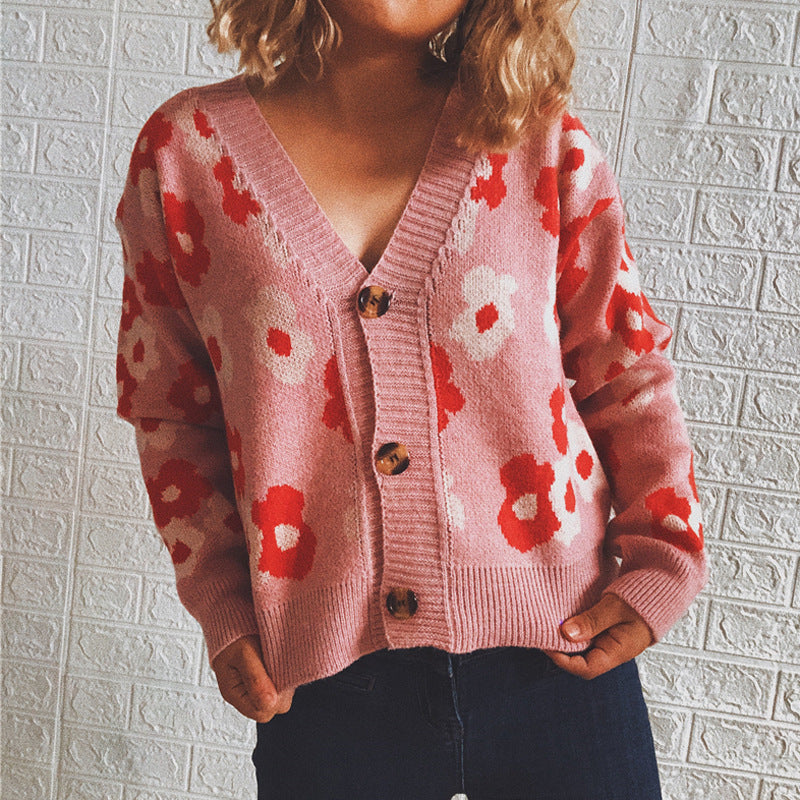 Damen Strickjacke mit floralen Mustern und dekorativen Knöpfen Drune