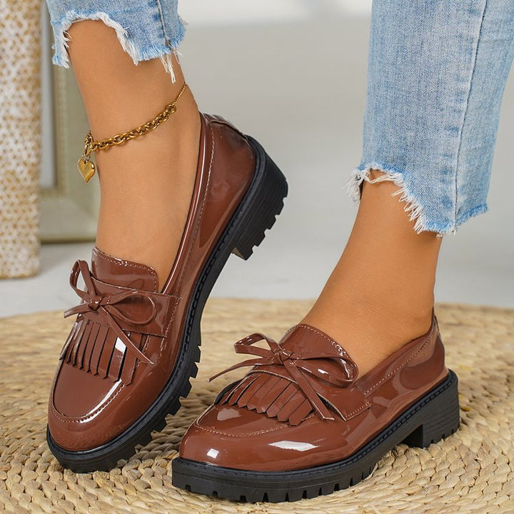 Damen nan elegante Lack-Plateau-Loafer mit dekorativer Schleife und profilierter Gummisohle Drune