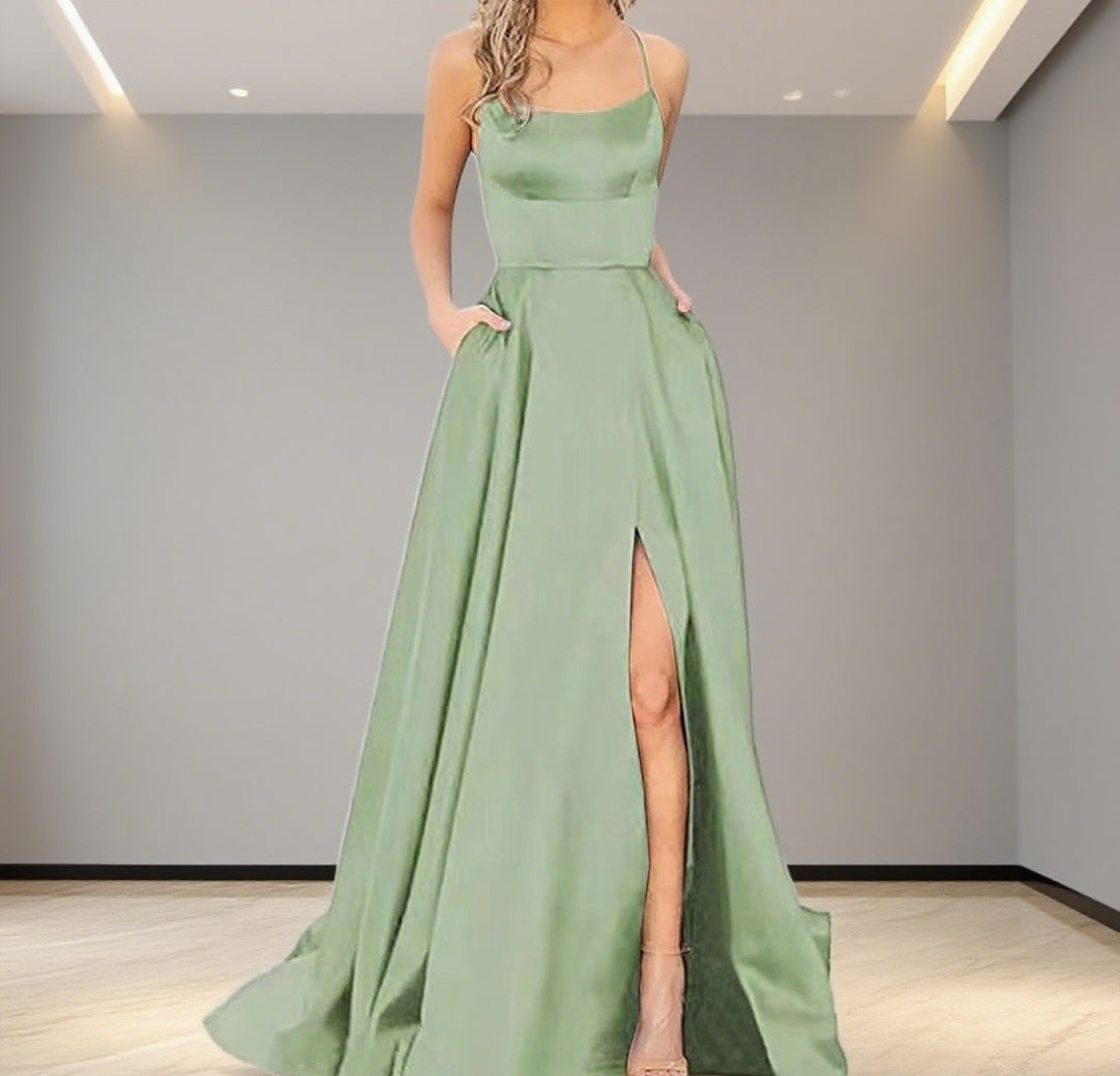 Damen Elegantes Abendkleid mit seitlichem Schlitz und schmalen Spaghetti-Trägern Drune