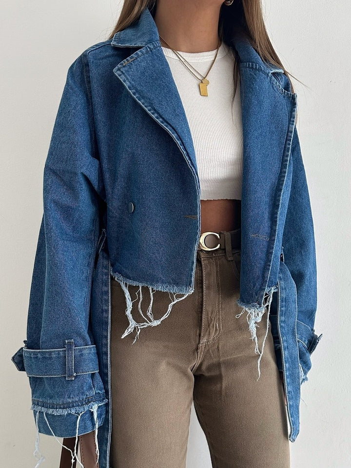 Damen cropped Denimjacke im Vintage-Stil mit fransen und modischen Details Drune