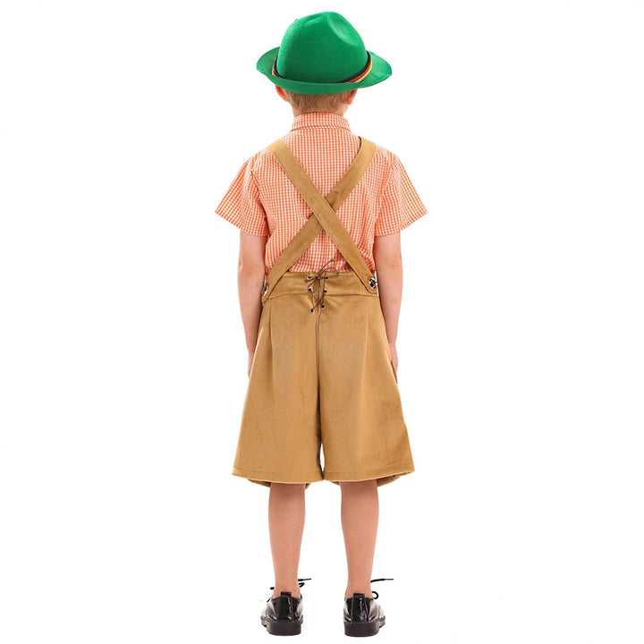Herren nan traditionelle Kinderlederhose kurz mit aufwendiger Stickerei, Latztasche und verstellbaren Trägern Drune