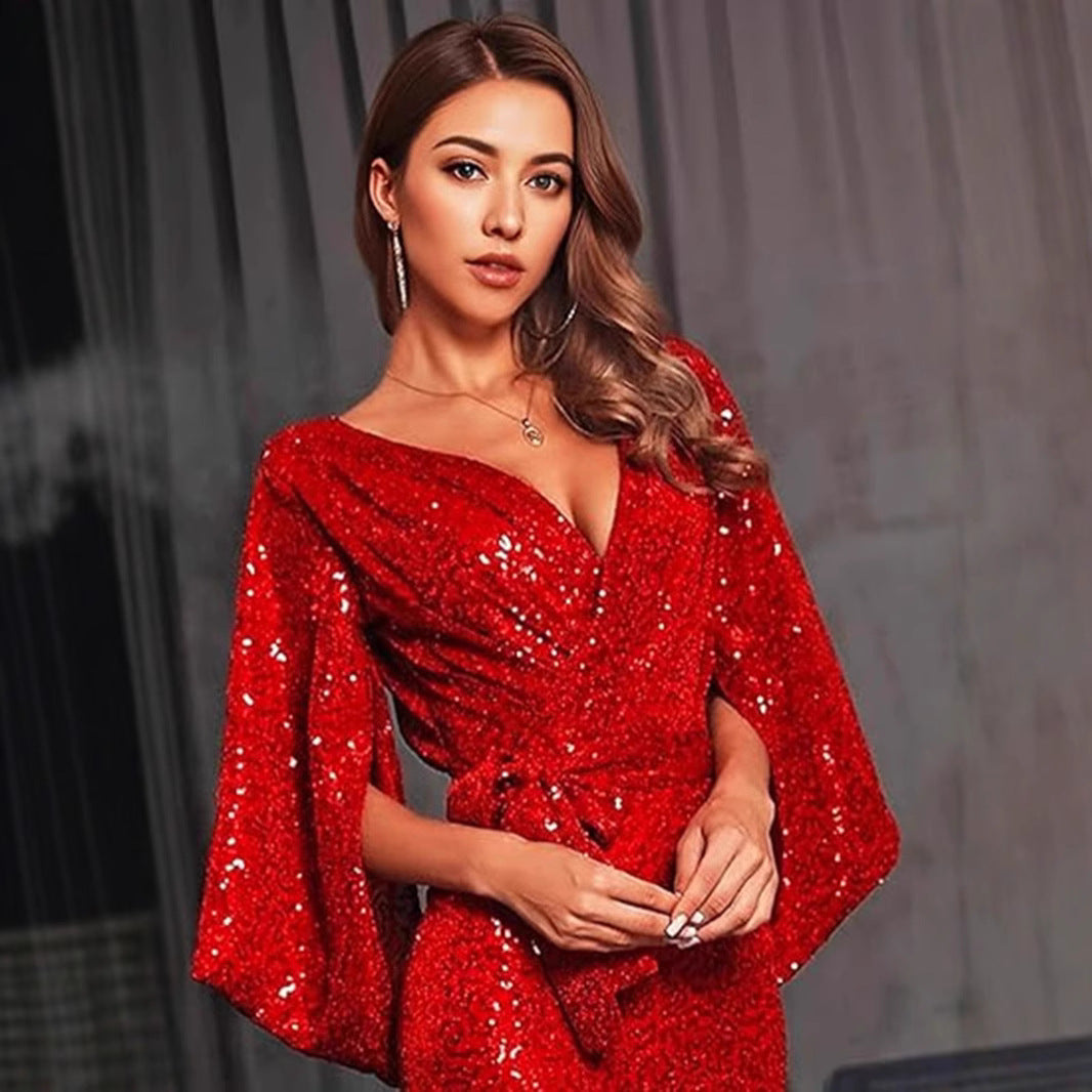 Damen Glamouröses Pailletten-Abendkleid mit tiefem V-Ausschnitt und fließendem Rock Drune