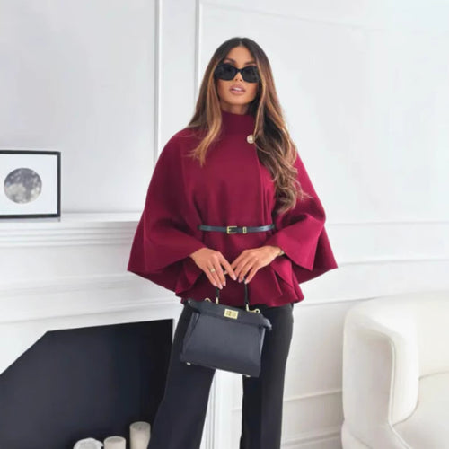 Damen modische Cape-Jacke mit dekorativem Gürtel Drune